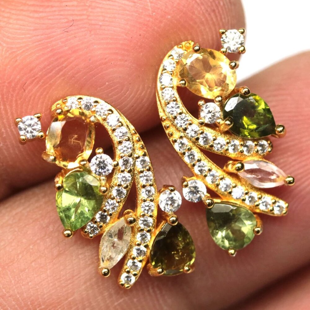 18K yellow gold/ 925 Genuine fancy sapphire and white zircon stud earrings